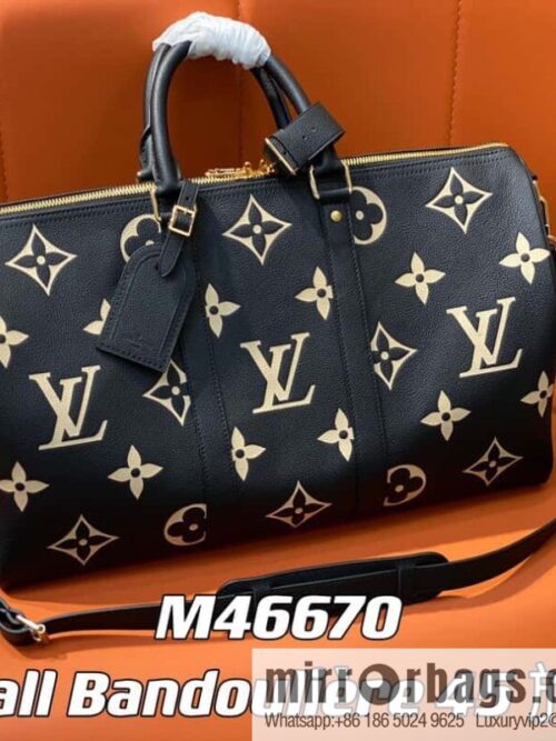[Premium‑quality] M46670 black full leather embossed silk screen printing travel bag series Keepall Bandoulière 45 travel bag M46670 M46671