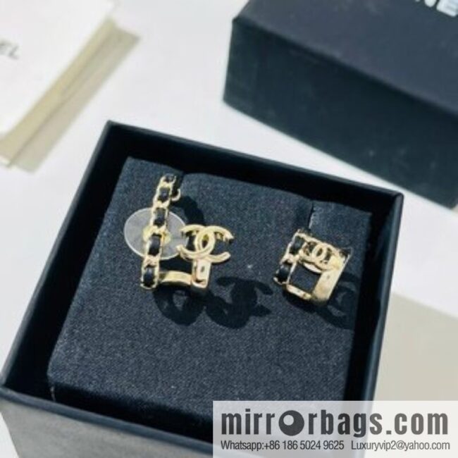 New ☑️ Chanel black leather rope double c asymmetrical stud earrings clip