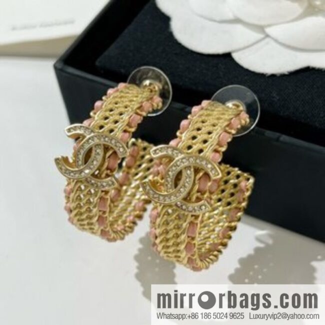 New ☑️ Chanel double c pink black leather rope stud earrings