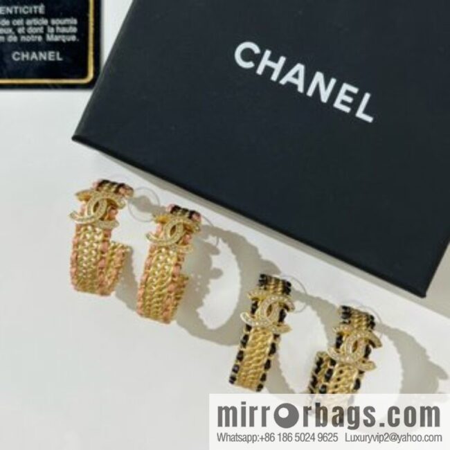 New ☑️ Chanel double c pink black leather rope stud earrings