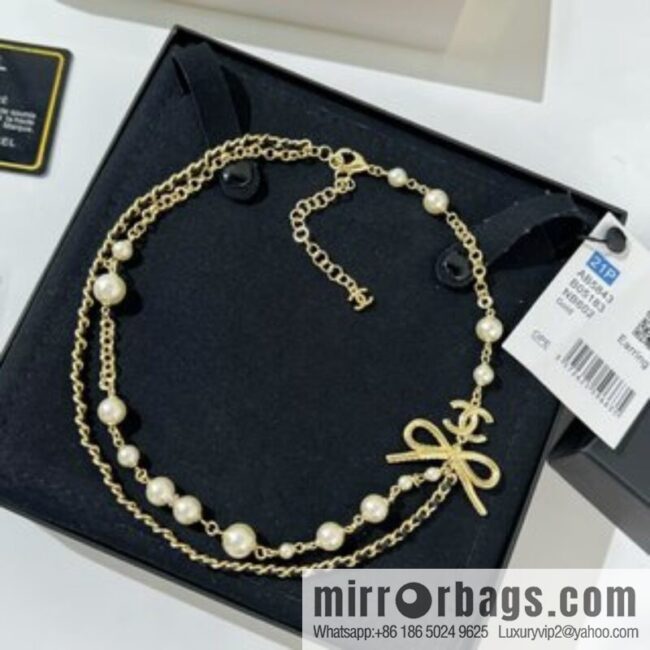 New ☑️ Chanel bow black leather rope pearl necklace necklace necklace