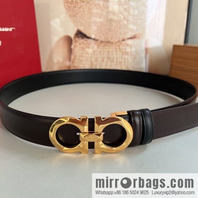 Salvatore Ferragamo Men\'s 3.5cm Delicate Double Circle Original Rhombus Buckle with First Cowhide Double Sided Belt