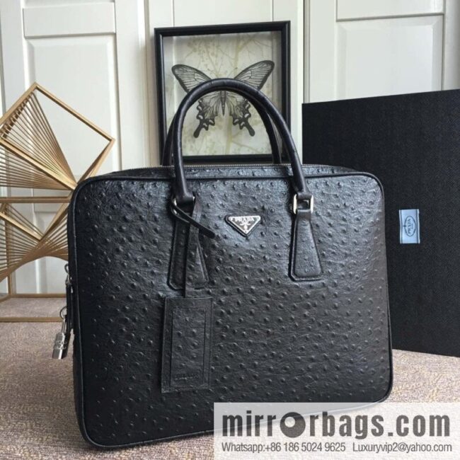 PRADA imported leather ostrich pattern briefcase 2VE368 black