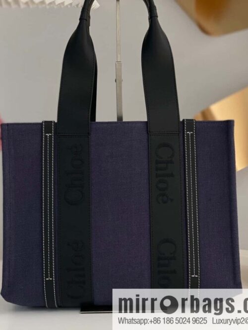 wsxc1711622373947_0-800x800wnfw3dl3k2t4720_20250715233627.jpg Chloe Woody Linen with Pitot Bag, Navy Blue with Black Medium 37CM